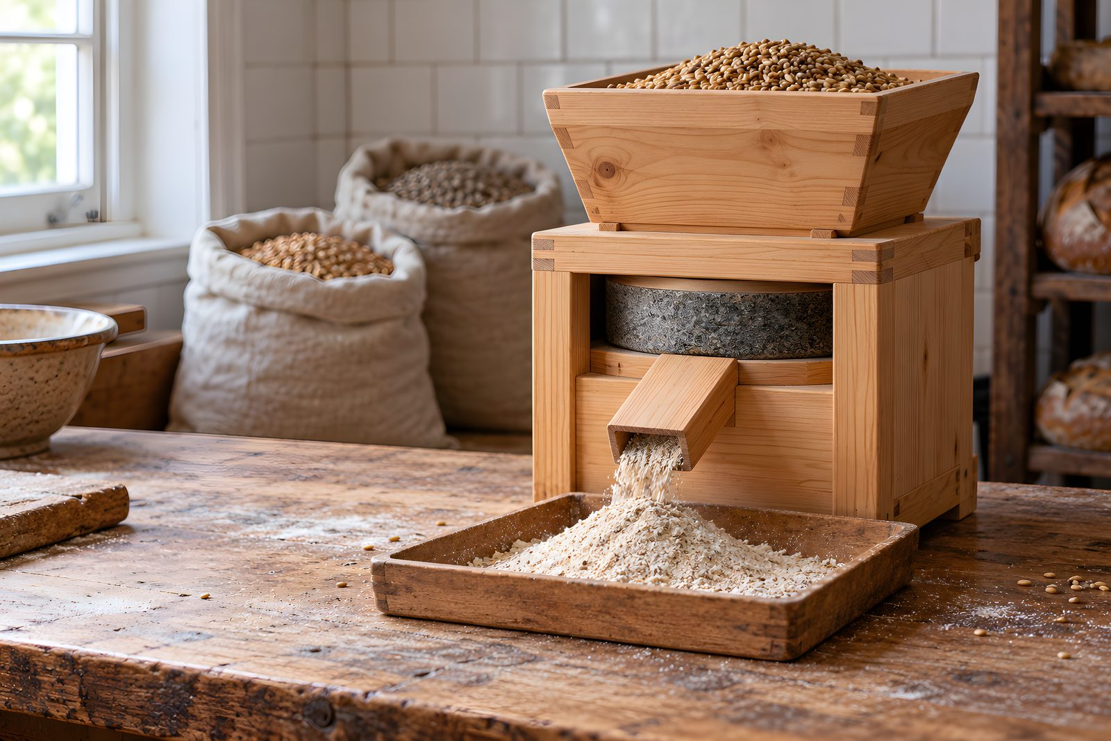 Kleine Natursteinmühle in einem Kasten aus hellem Holz, oben Getreide, unten frisches Vollkornmehl in einer Holzschale (Illustration)