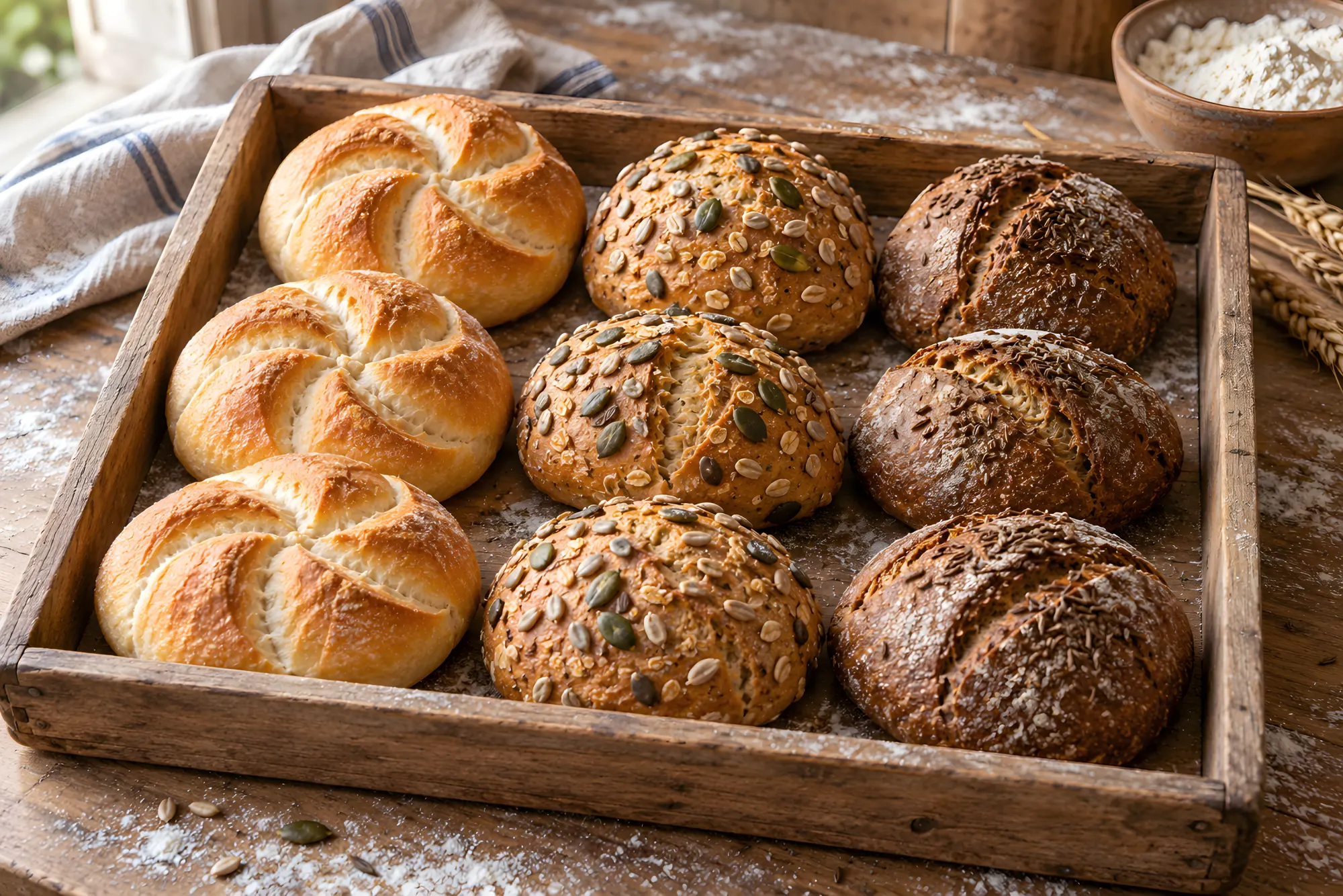 Holzblech mit Kaisersemmeln, Dinkelsemmeln mit Kernen und dunklen Roggensemmeln (Illustration)